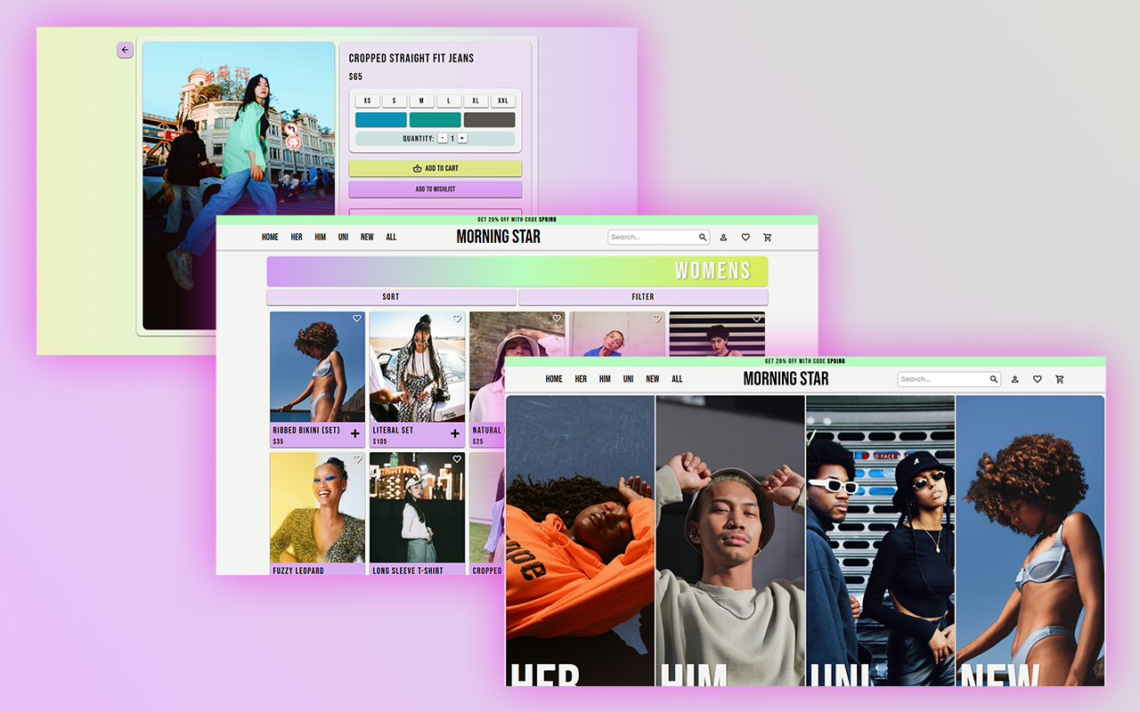 Mockup of desktop view for Morningstar, showcasing the home page, products pages, and the page for a single product.